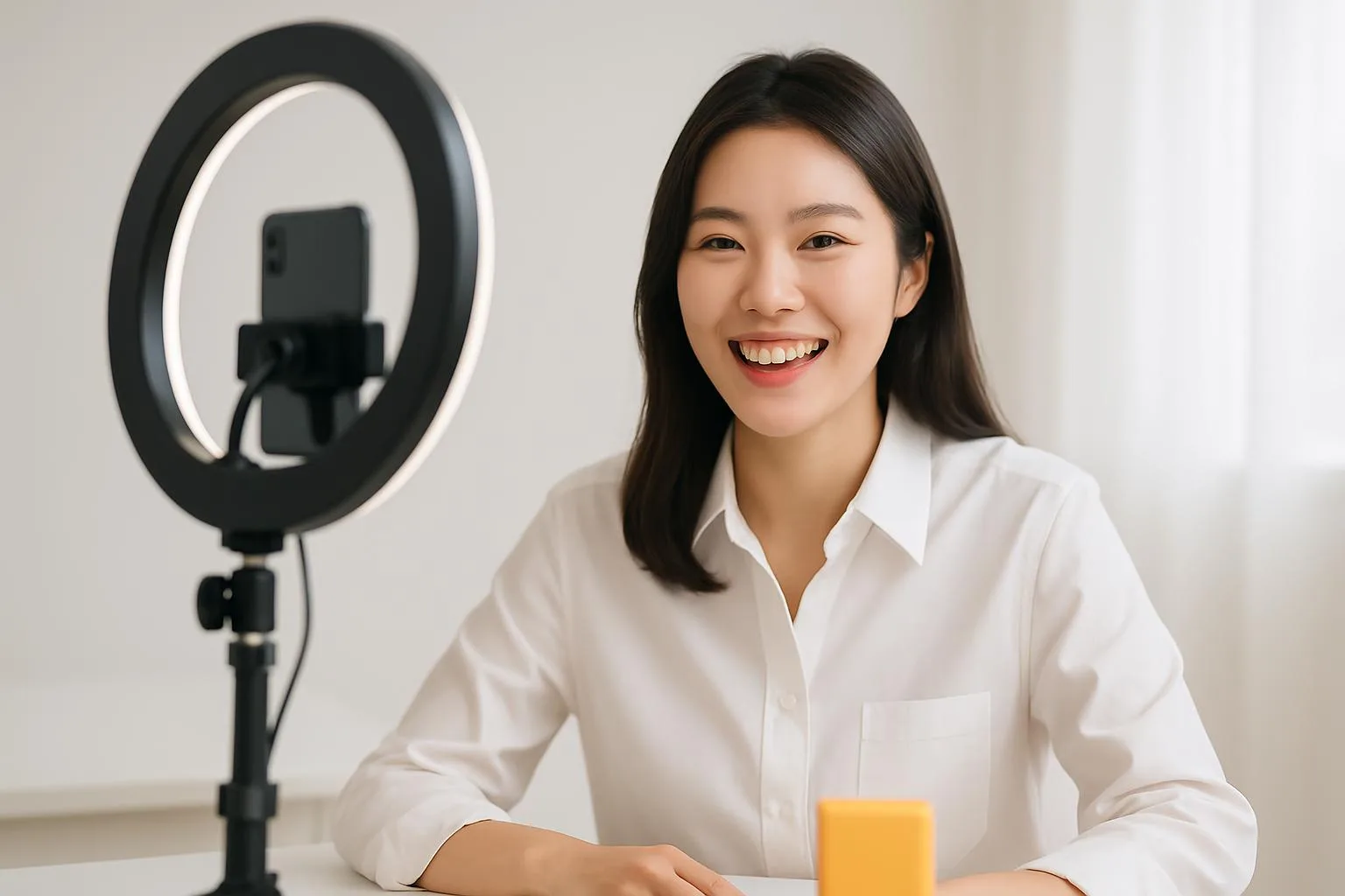 A seller smiling brightly while preparing a broadcast next to a ring light