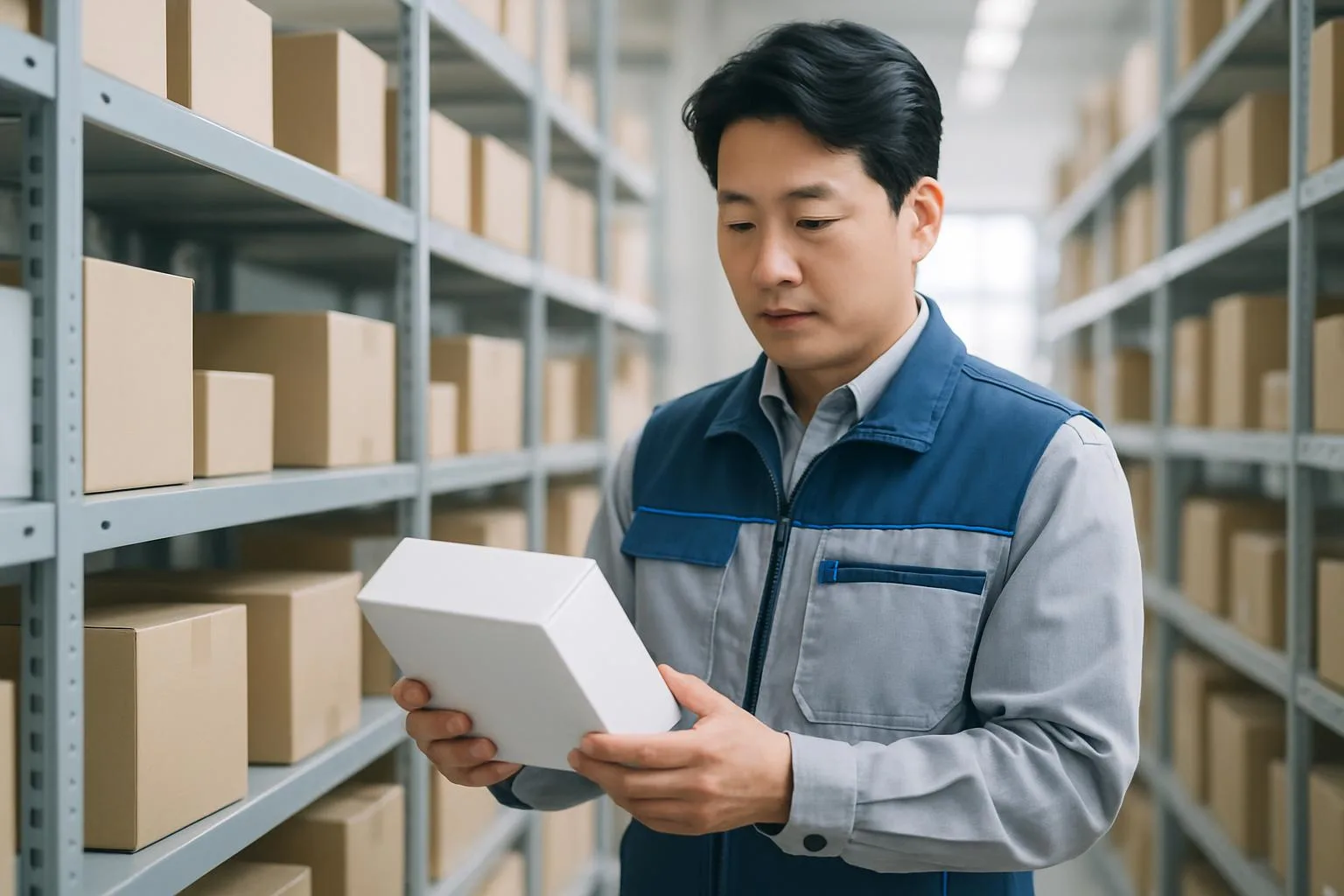 A supplier checking product boxes in a tidy warehouse