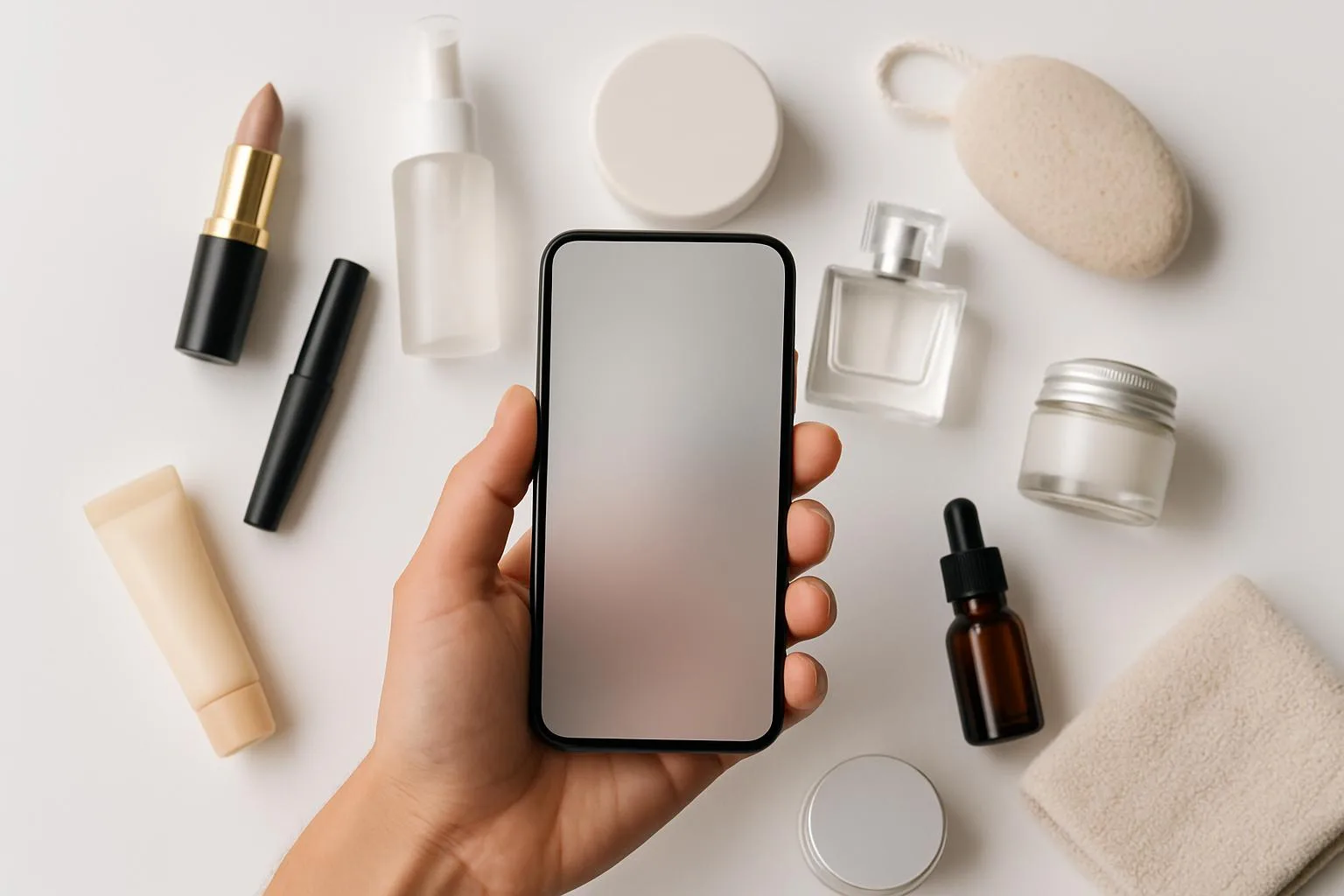 A hand browsing products on a smartphone over a table of diverse goods