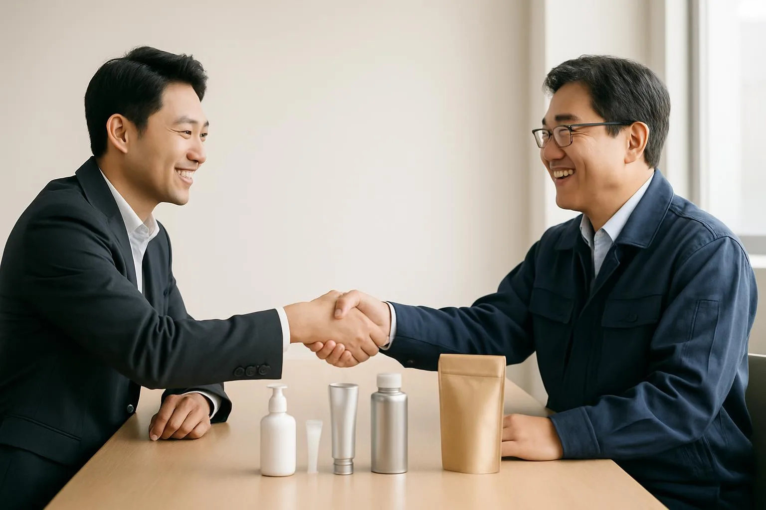 A seller and supplier shaking hands over product samples
