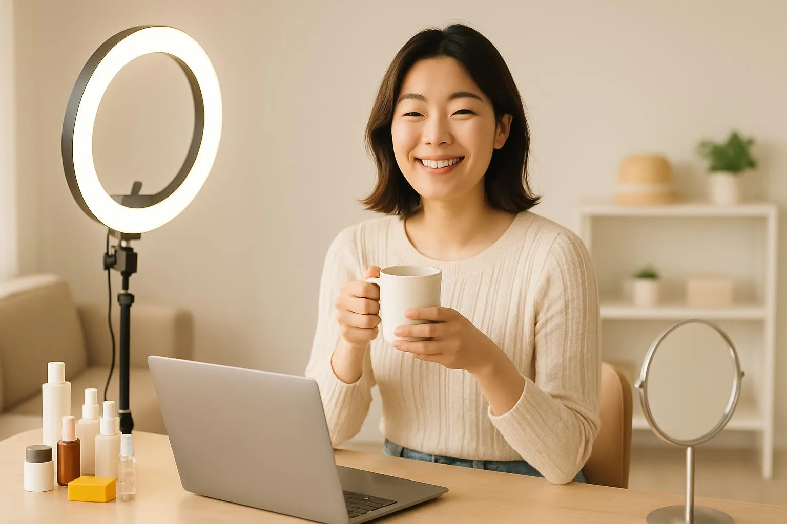 A relaxed seller holding coffee in a studio ready for broadcast