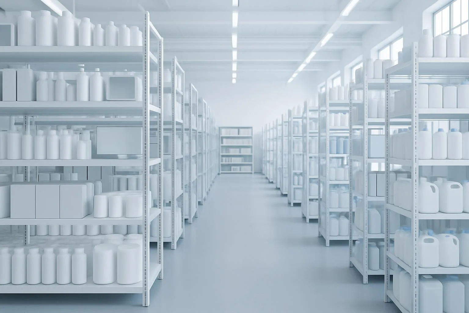 Products neatly displayed on bright showroom shelves