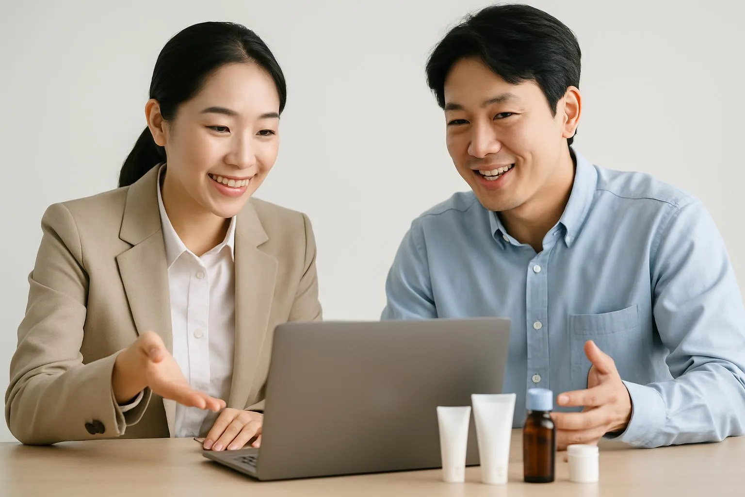 A seller and supplier discussing a product at a laptop
