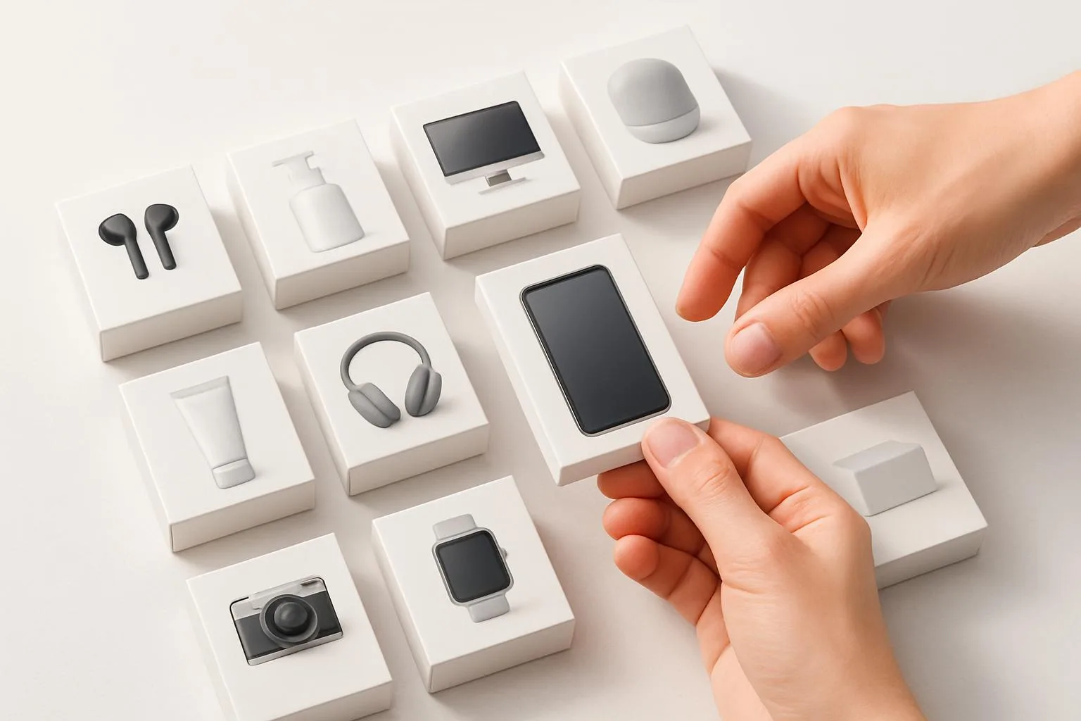 A hand picking one card from a spread of product cards