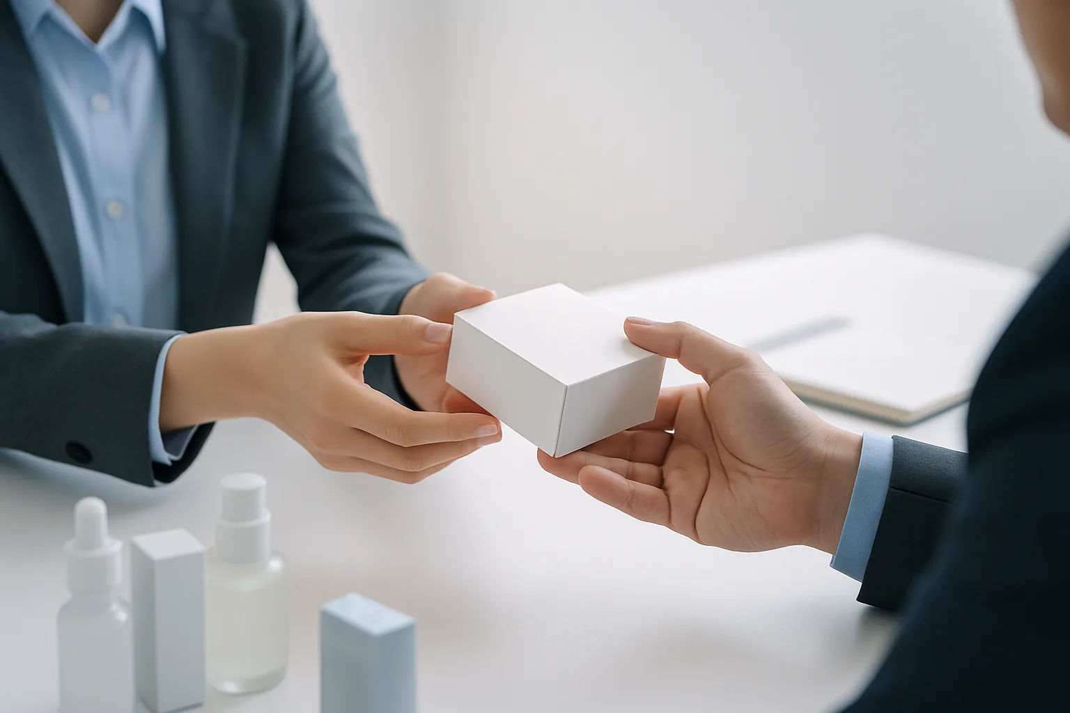 Two people's hands exchanging a product sample across a desk