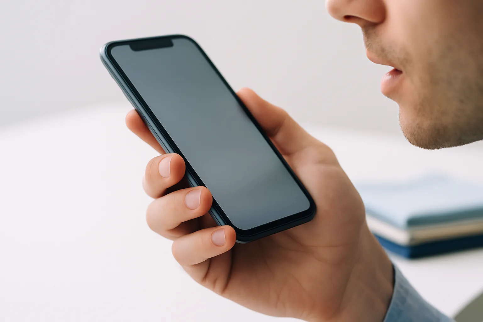 Voice-searching on a smartphone at a desk with fabric swatches